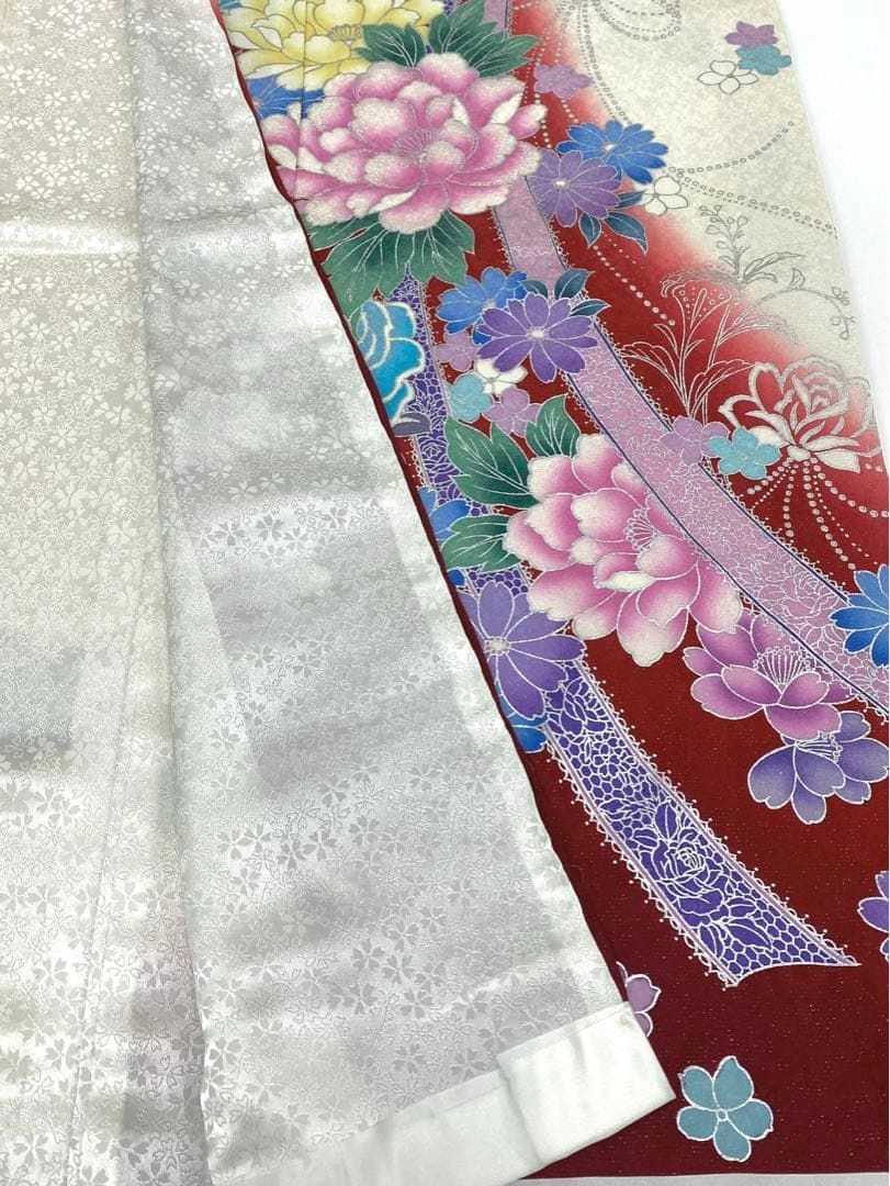 振袖 仮絵羽 刺繍 銀彩 紋意匠 薔薇 正絹 未仕立て品 八掛付き 【公式 