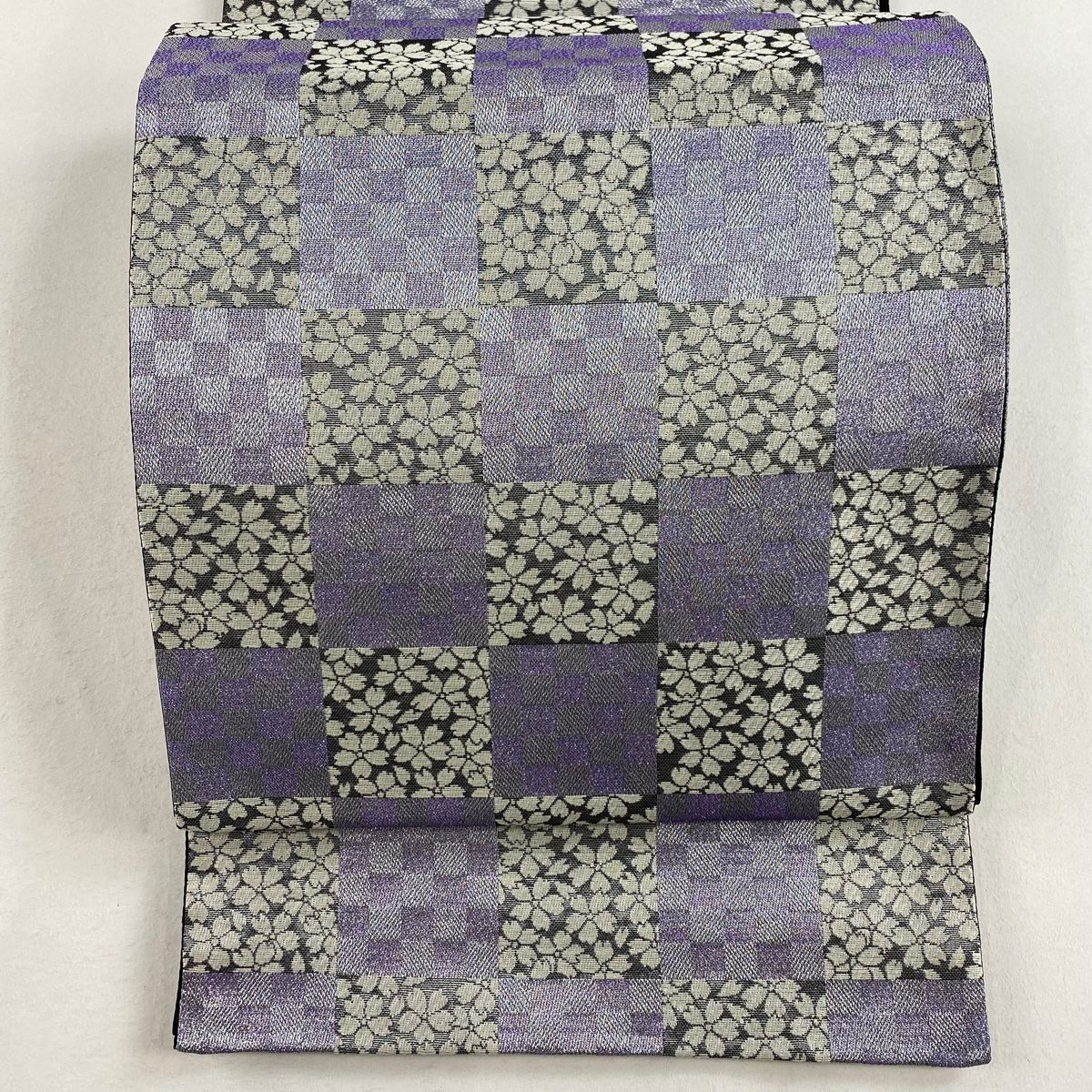 袋帯 美品 秀品 市松模様 桜 銀糸 箔 薄紫 六通 正絹 【中古