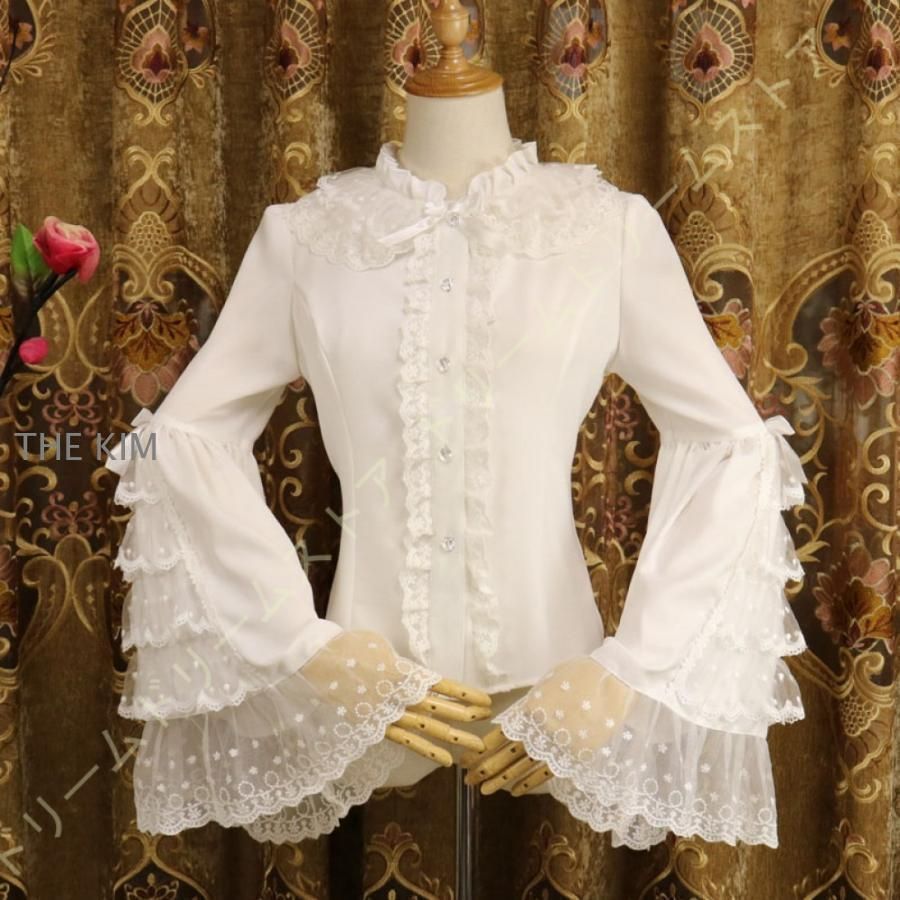 シャツ ロリータ ブラウス レディース 春 姫袖 ハイネック レース 長袖 体型カバー 着痩せ ロリィタブラウス パフスリーブ 上品 プルオーバ