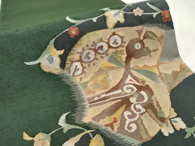平和屋着物○太鼓柄袋帯 紬地 すくい織 更紗花鳥文 金糸 正絹