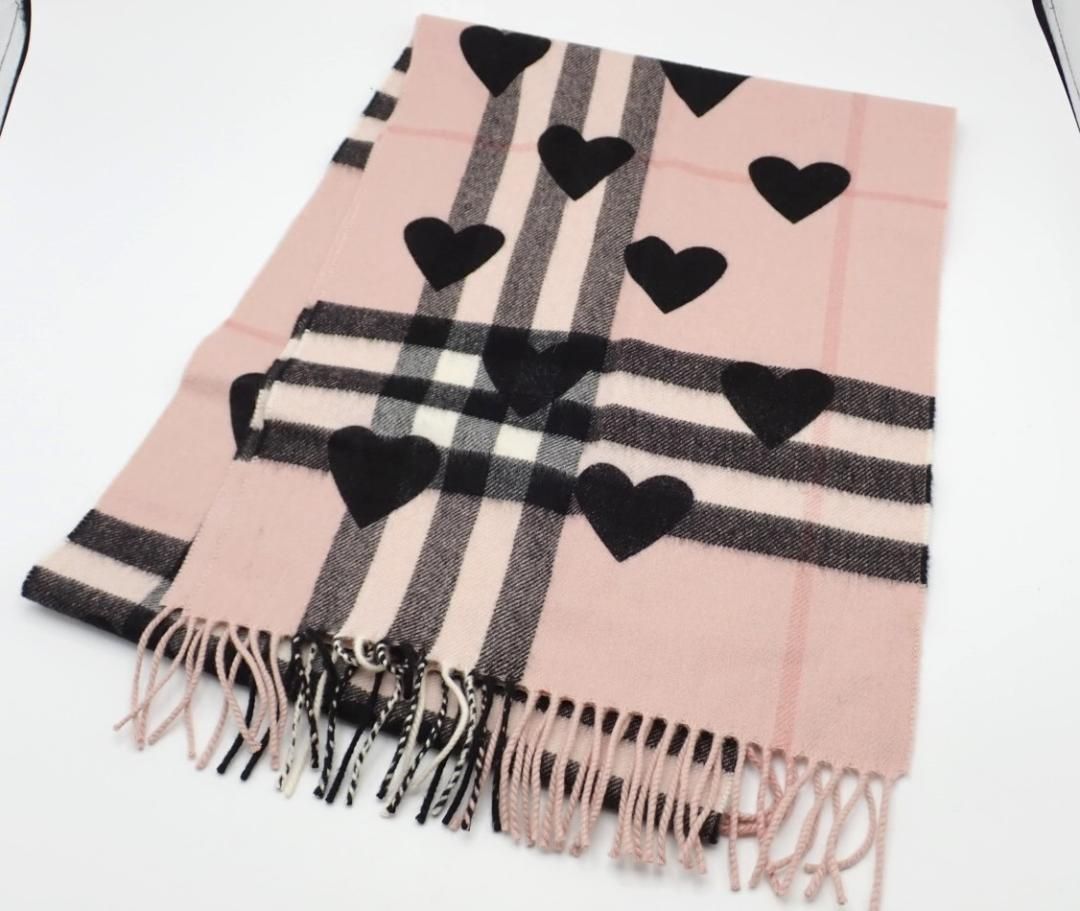 美品☆BURBERRY バーバリー カシミア100％ ハートピンク マフラー 