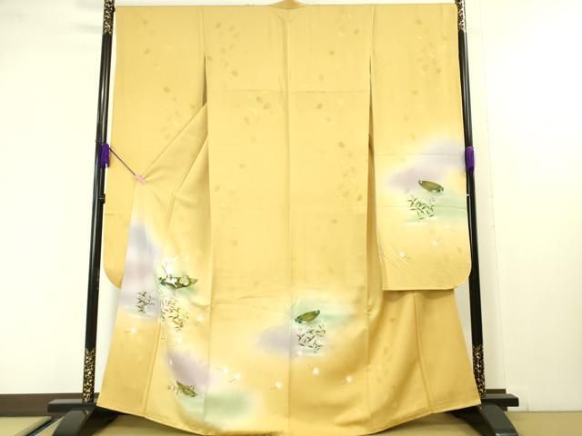 平和屋本店□極上 振袖 手描き 兎 うさぎ 草舟 綿毛 暈し染め 支子色地