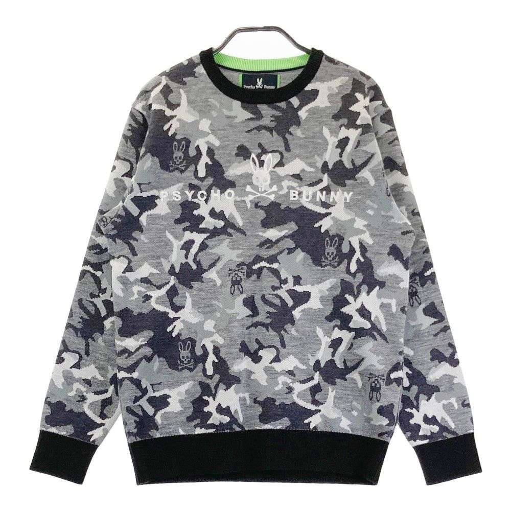 サイズ：M PSYCHO BUNNY サイコバニー ニットセーター ロゴ総柄 グレー