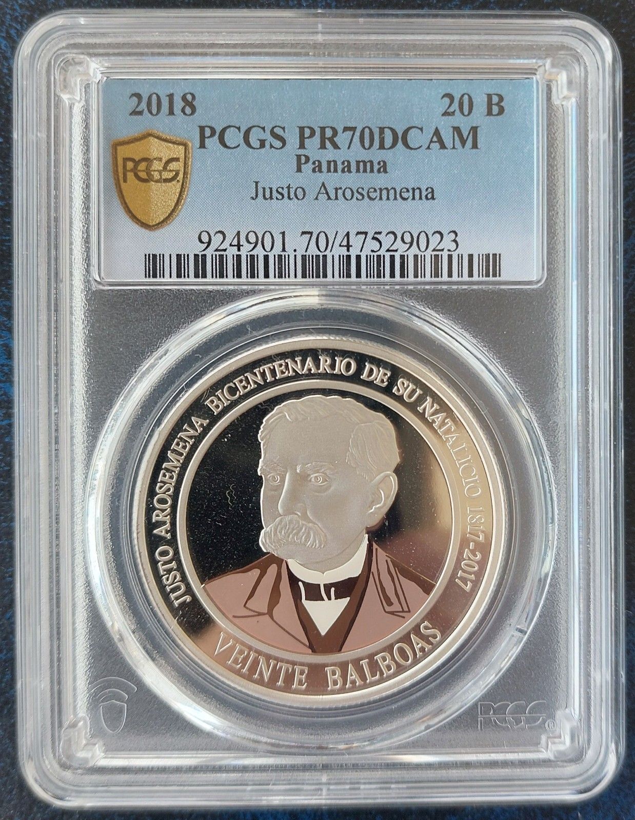 PANAMA SILVER PROOF 20 BALBOA COIN 2018 YEAR AROSEMENA JTO 200 ANNI PCGS PR70