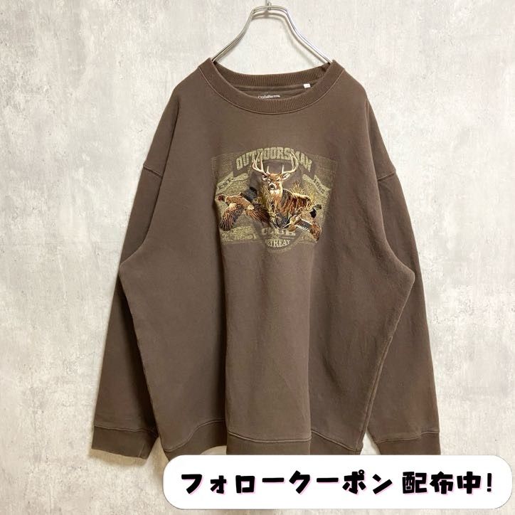 古着 used　Croft＆Barrow　長袖アニマル刺繍スウェット　トレーナー　鹿　鳥　動物　茶色　ブラウン　オーバーサイズ
