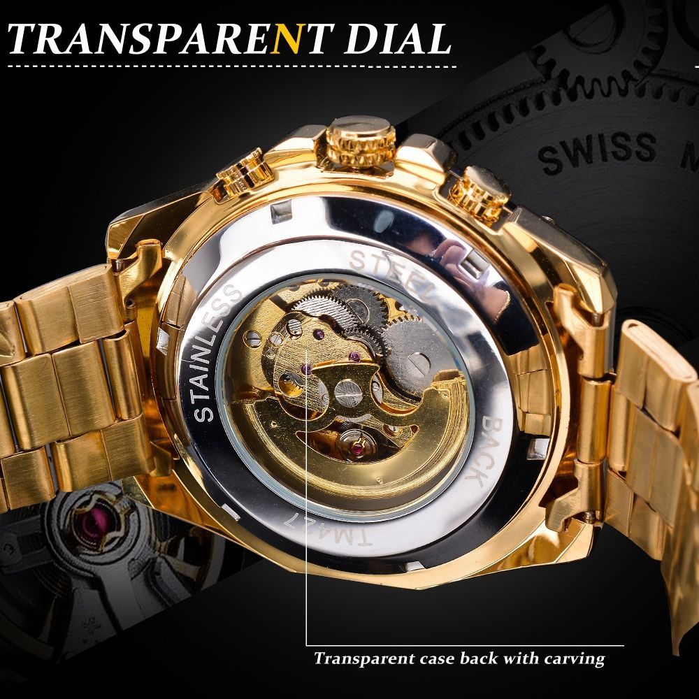 新品 送料無料 3D ゴールドフルスケルトン自動巻き機械式腕時計ラッパーブリング