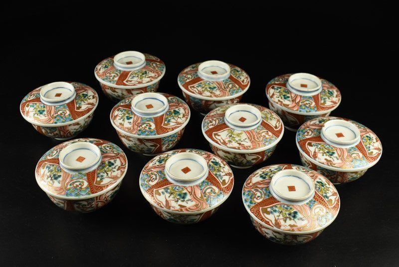 蔵c9453a 肥前 錦手窓絵文 蓋茶碗 蓋物 十客