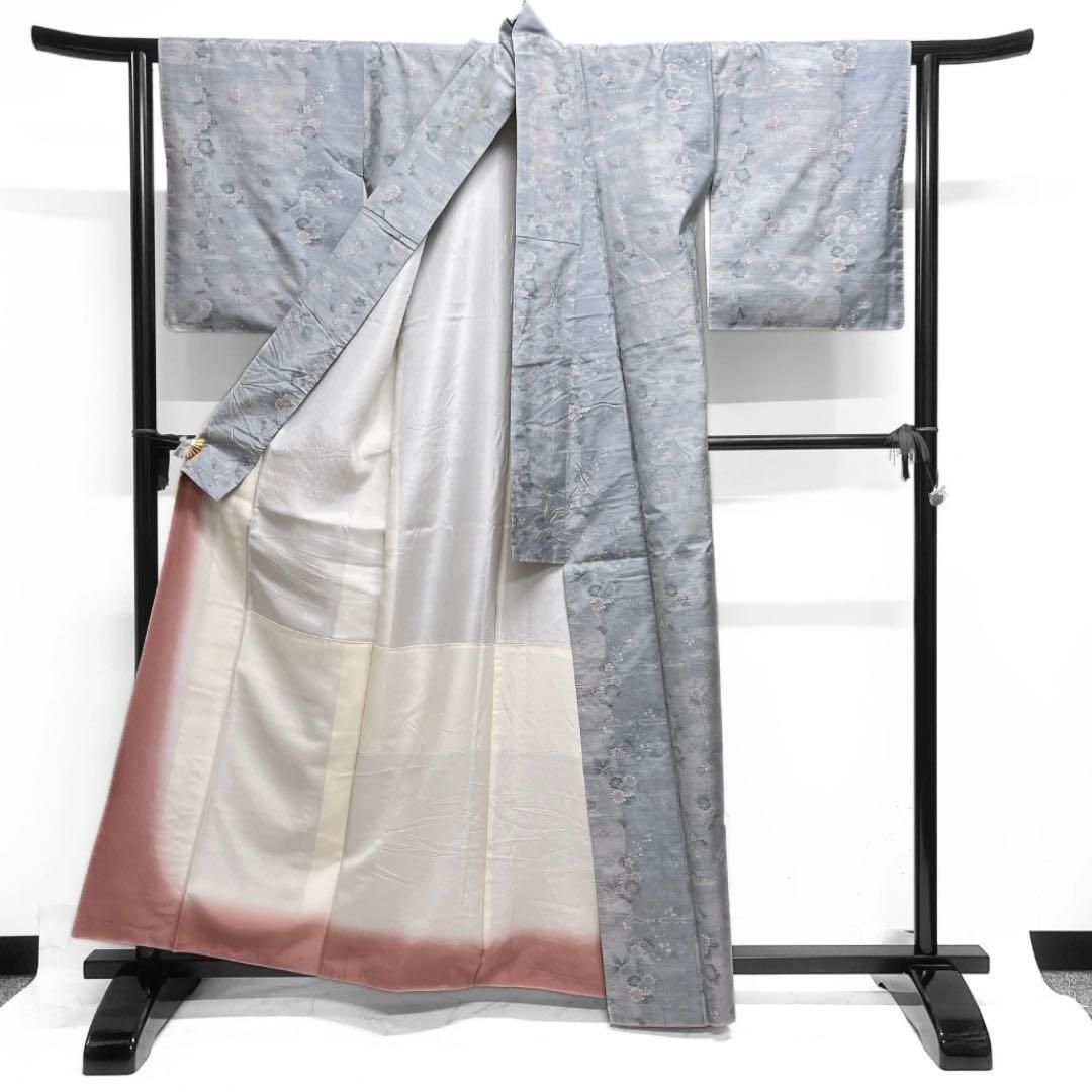 都喜ヱ門 ゴールドラベル 小紋 白大島紬 菊 蝶 藤白泥染 着物 032a d