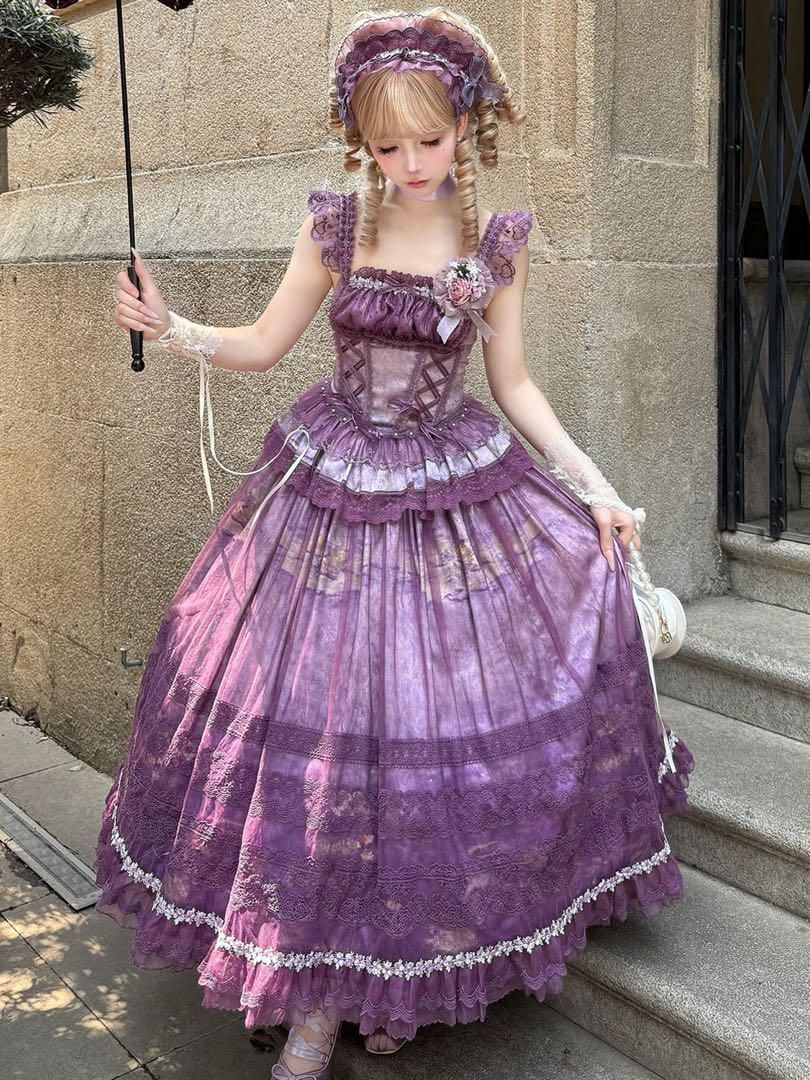 【韓嬢】ゴスロリ・ロリータドレス 上下セット 森ガール 姫様 お嬢様 パープル 韓嬢】ゴスロリ・ロリータドレス 上下セット 森ガール 姫様