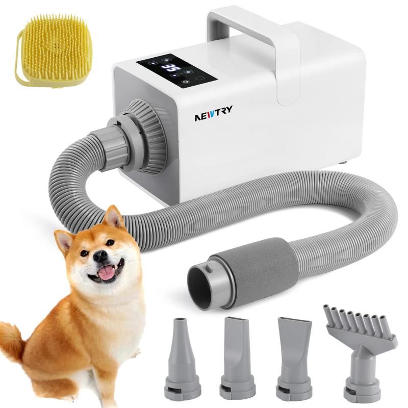 NEWTRY ペットドライヤー 犬用ドライヤー LCD インテリジェント制御 風速温度調整 大風量 速乾 PSE適合商品 マイナスイオン機能 騒音低減 4つのノズル付き 100V|2000W 長毛