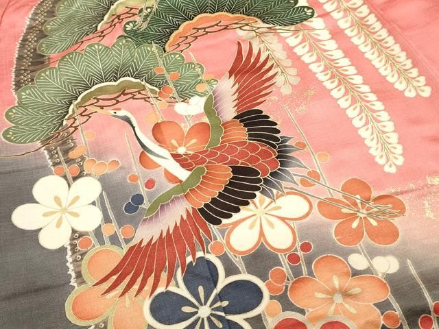 【訪問着】 鬘帯飛鶴扇面吉祥枝梅文・暈し染め・金彩・正絹❣️逸品✨No.1309 訪問着】 鬘帯飛鶴扇面吉祥枝梅文・暈し染め・金彩・正絹