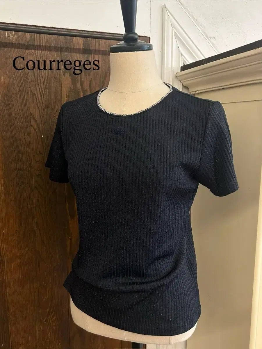 Courreges クレージュ 正規品 ネイビー ラメ リブ Tシャツ