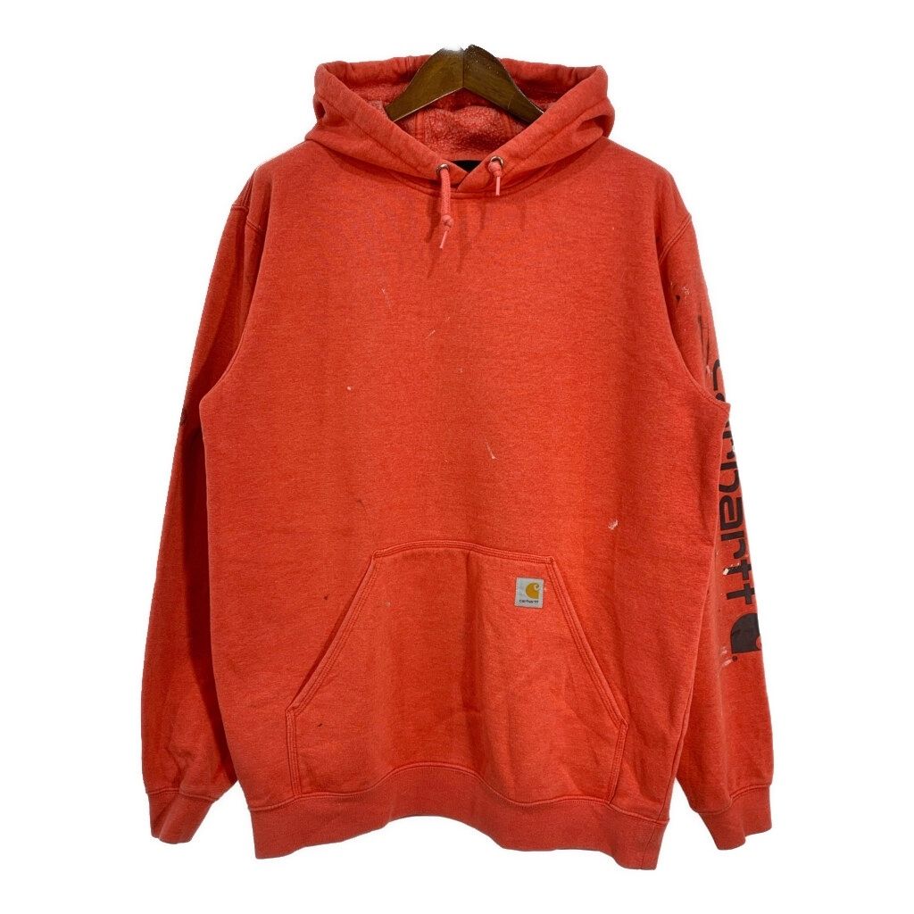 Carhartt カーハート スウェット パーカー 袖プリント ワンポイントロゴ オレンジ (メンズ L) 中古 古着 T0504