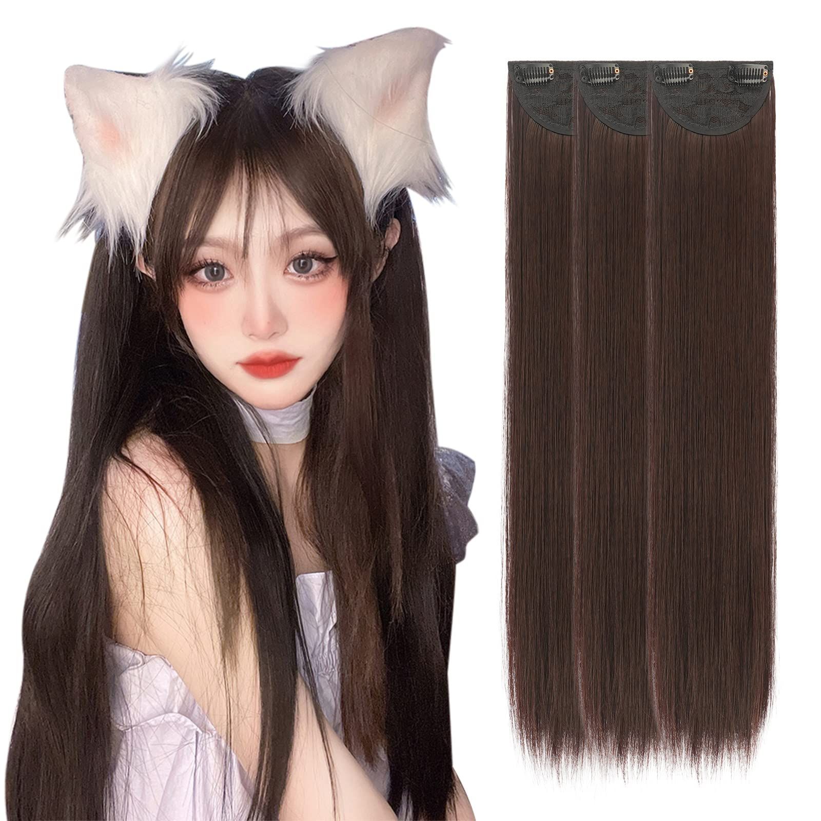 ブラウン-60cm_60cm FESHFEN 襟足ウィッグ 3枚セット ロング ストレート エクステ ワンタッチエクステ 襟足エクステ ワンタッチ ポイントウィッグ エクステンション ウィッグ ハーフウィッグ つけ毛 付け毛 日常 ファッション 耐熱 クリップ