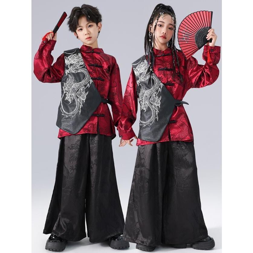 ♥ 中華風子供ヒップホップダンス衣装 キッズ漢中華風唐装服セット 龍柄チャイナ風長袖シャツ ガウチョパンツ 太 拳 春秋2点|3点セットア BJ0903ML518
