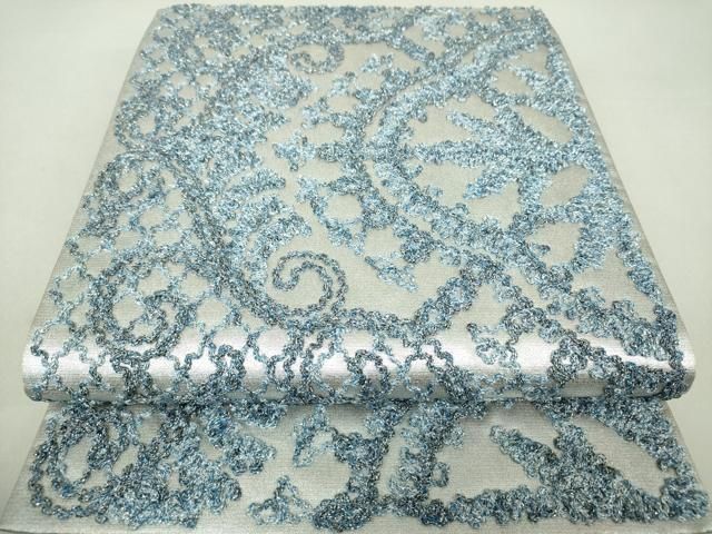 平和屋着物●極上　染織デザイナー　堀口無月 　MUGETSU　チュール織　全通柄袋帯　洋花唐草　銀糸　正絹　逸品　DAAS3537ps 平和屋着物○極上 染織デザイナー 堀口無月 MUGETSU チュール織 全通柄