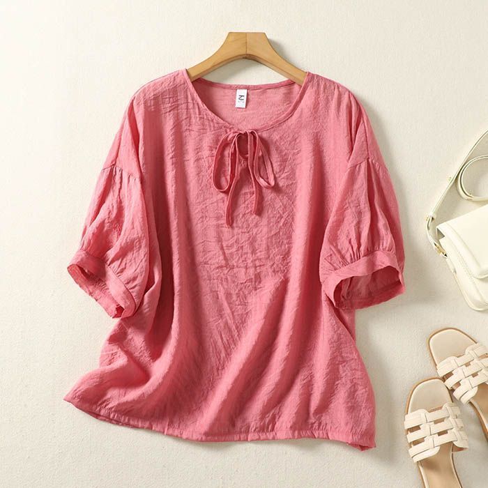 ブラウス シャツ カットソー レディース 袖フレア Tシャツ サマー クルーネック 無地 ス インナー 綿麻風 ブラウス 夏 ゆったり 体型カバー ブラウス 半袖 レディース トップス 綿麻風 夏 フレア袖 クルー