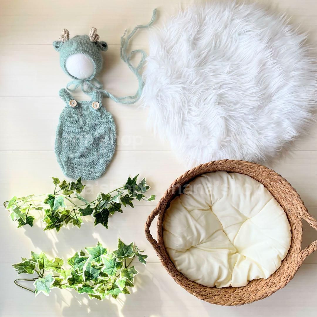 手編み風かごセット【緑辰】♪ニューボーンフォト撮影衣装 小道具