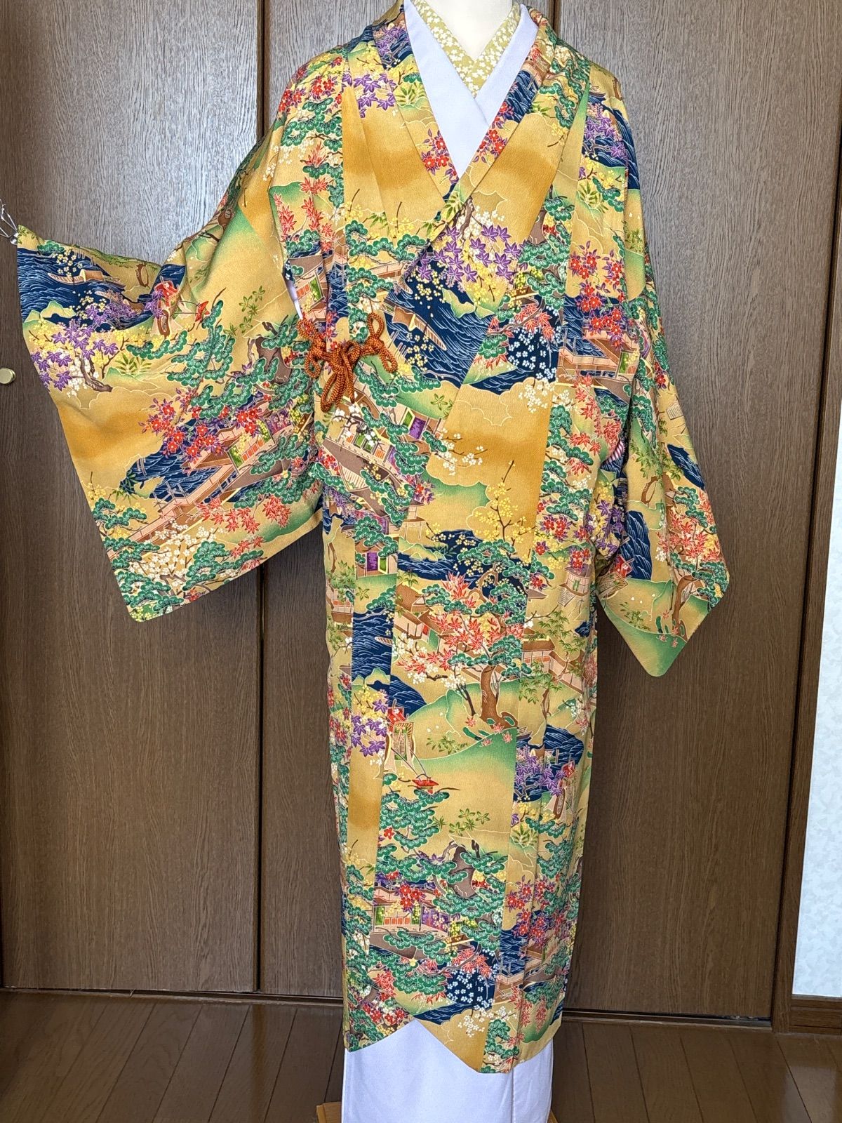 ちりめん 袷道中着 からし系 裄66.5