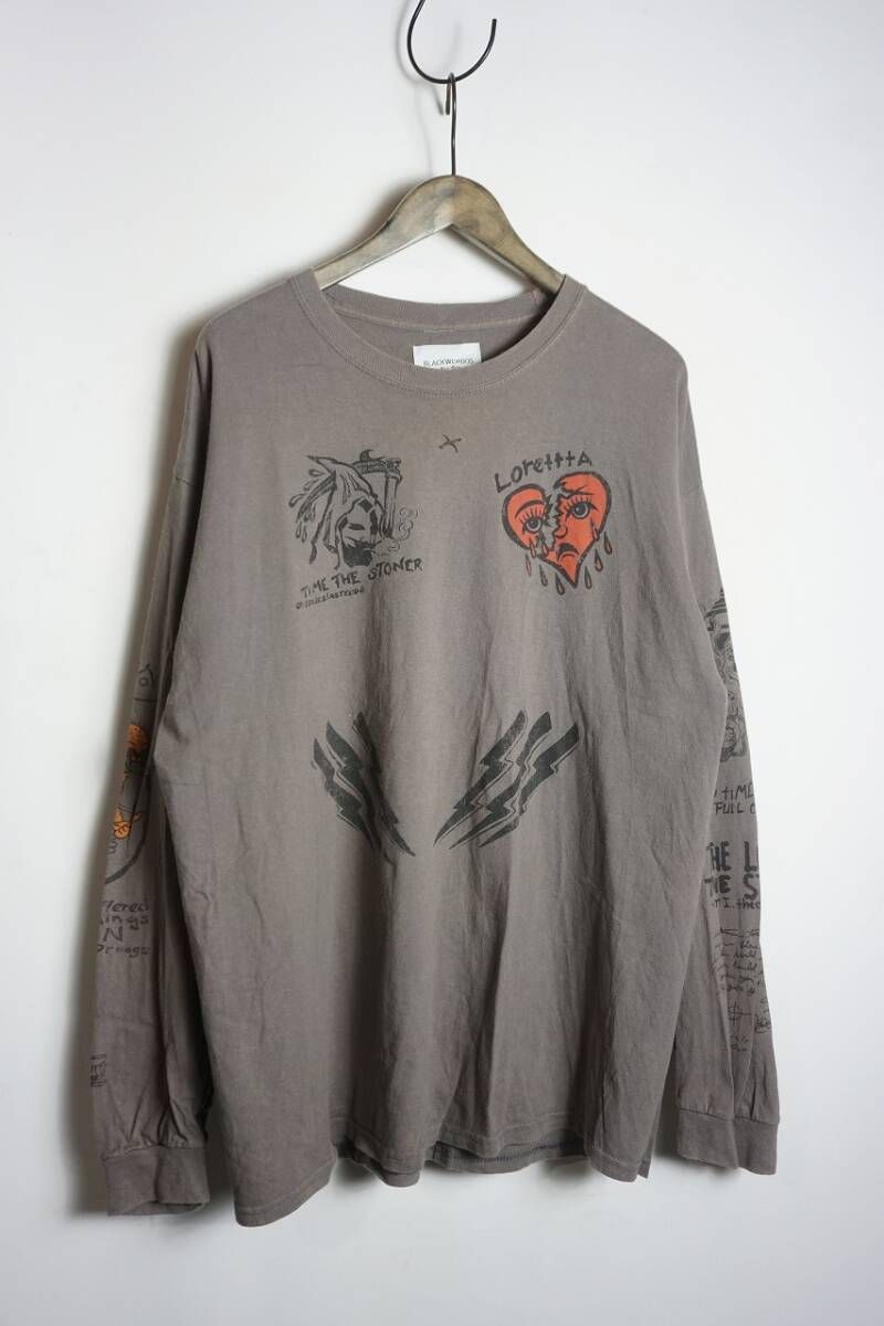 名作 20AW BlackWeirdos ブラックウィドウ Cady Tattoo L/S Tee グラフィック プリント 長袖 Tシャツ カットソー ロンT 茶本物 516O★1