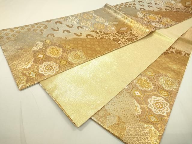 袋帯 モダン すくい織 金彩の粋な加工 正絹 AO-1900 平和屋着物▽六通柄袋帯 蜀江花文 荒磯 金銀糸 正絹 逸品