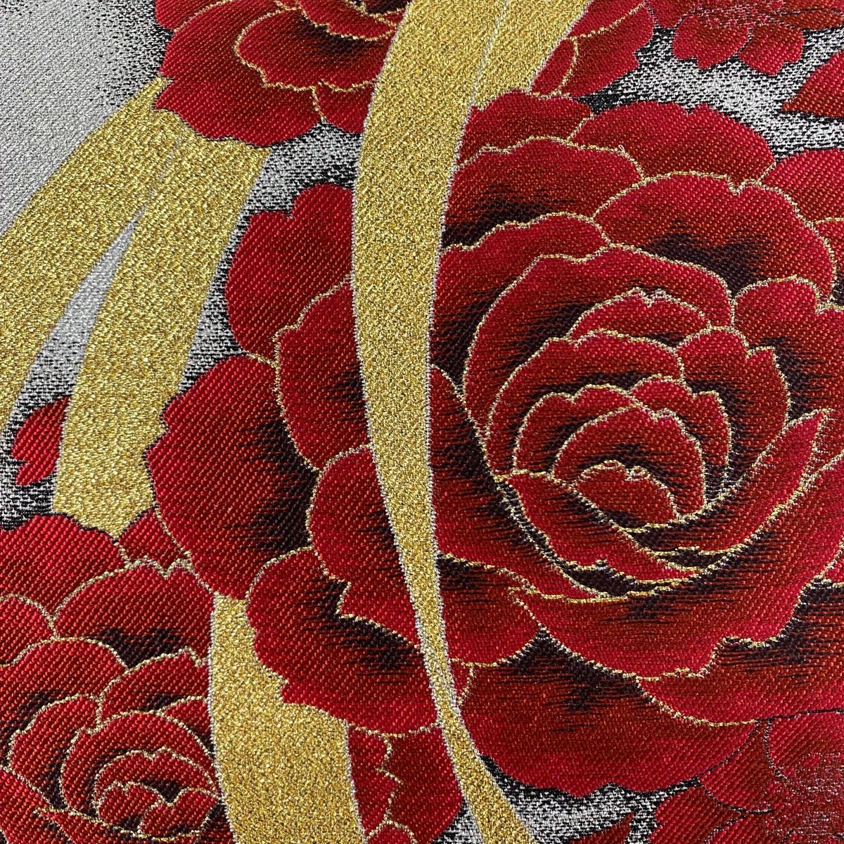袋帯 美品 秀品 やまと 薔薇 桜 箔 銀色 六通 正絹 【中古