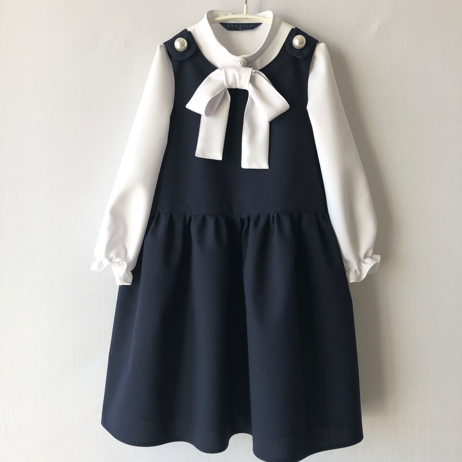 【3wayフォーマルコーデセット】大きなパールボタンのよそゆきワンピース【ネイビー/子ども服/スタンドカラーシャツブラウス/リボン/ジャボ】