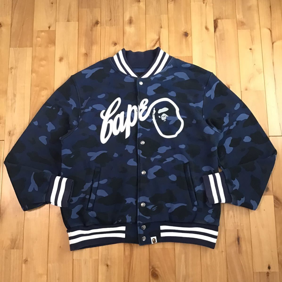 NIGO Bape camo blue スタジャン varsity jacket Blue camo スウェット スタジャン Lサイズ a bathing ape BAPE sweat