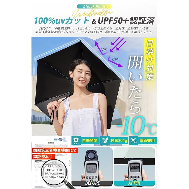 【194g超軽量・風に強い高強度アルミ製傘骨】 日傘 uvカット 折り畳み 【UPF50＋認証済み・ワンタッチ自動開閉・錆が発生しにくい】 折りたたみ傘 遮光遮熱 撥水耐風 紫外線対策 超コンパクト 晴雨兼用 日傘兼用雨傘 傘 レディース メンズ (ベージ 1