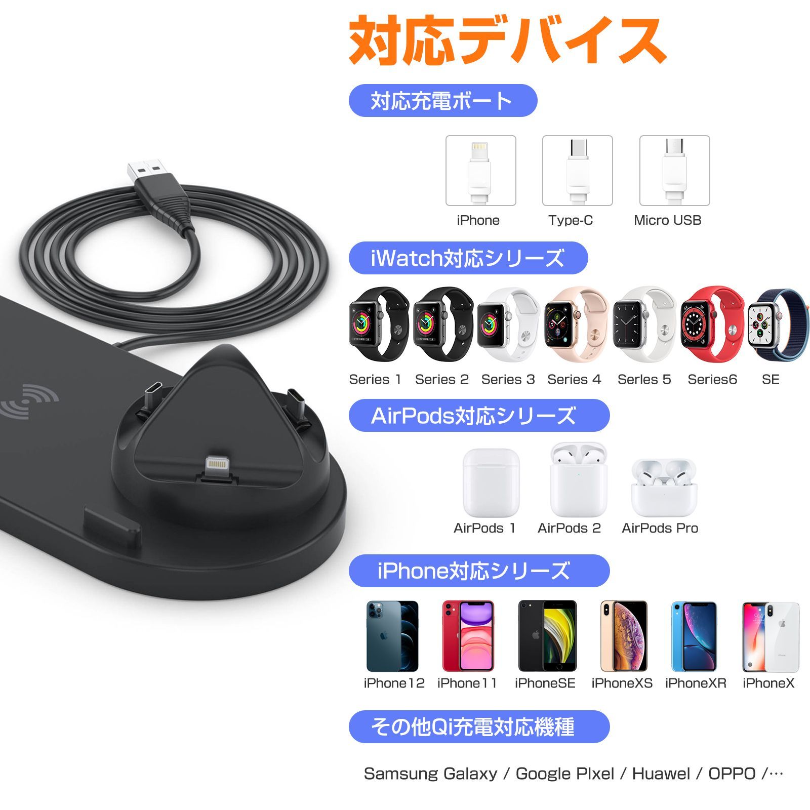 激安！ Iphone14対応！ 6in1 ワイヤレス充電器 充電スタンド ワイヤレスチャージ 充電ドック Qi対応 コンパクト マルチ 安全保護 ワイヤレス 急速充電 4台 同時充電可能 配線整理 アップルウォッチ 1台6役 多機能