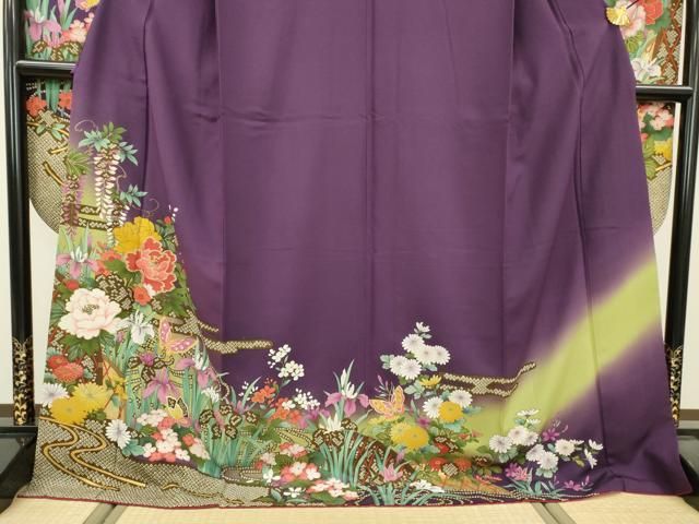 豪華振袖　作家物　絞り　舞花文　暈し染　金彩　着丈167.5cm　正絹 平和屋着物▽豪華振袖 駒刺繍 舞蝶花文 暈し染 金彩 正絹 逸品