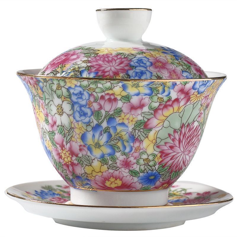 中国茶器 五彩花卉図紋三才蓋 煎茶器 茶道具 茶碗 新品未使用 中国茶器 五彩花卉図紋三才蓋 煎茶器 茶道具 茶碗 新品未使用