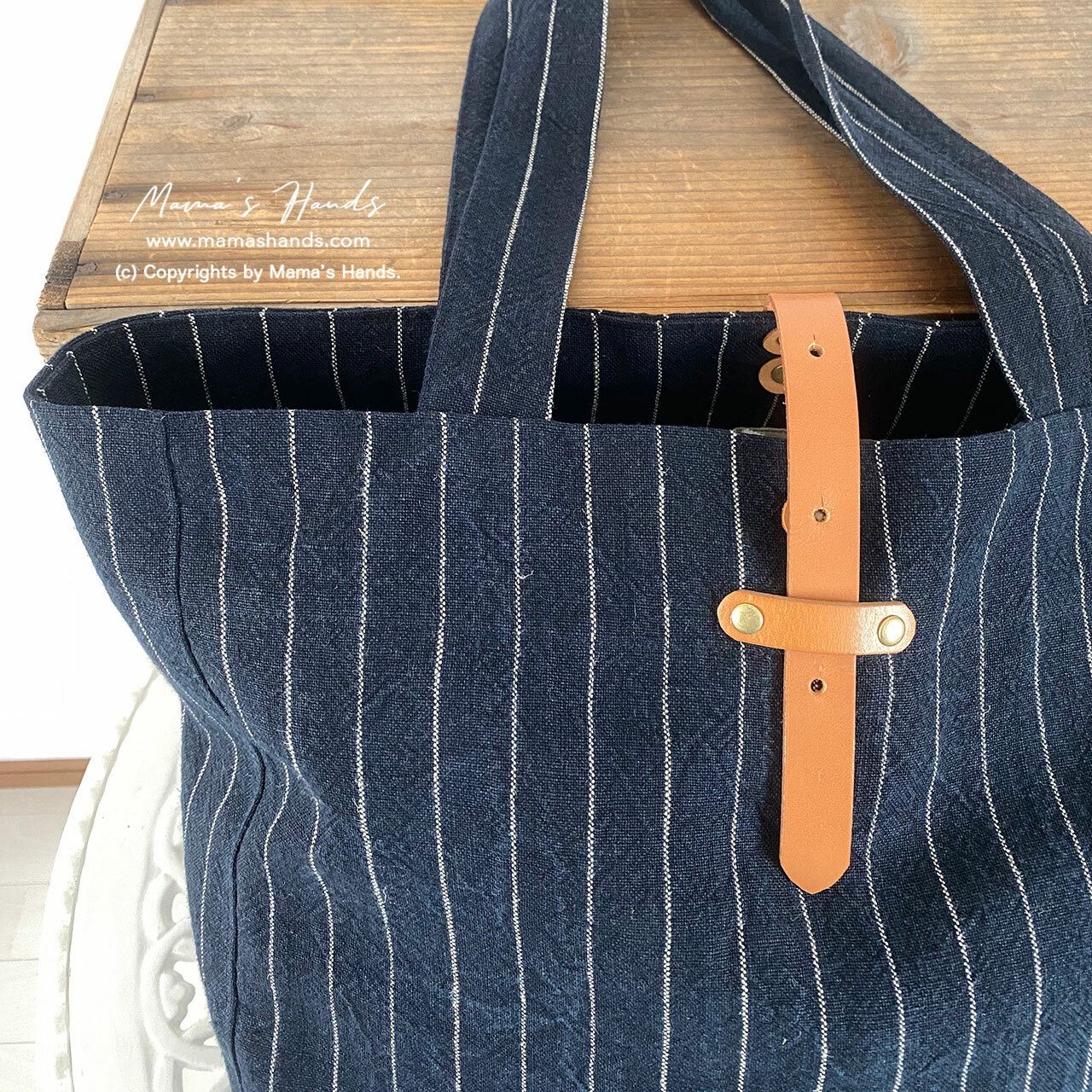3点売れました 大きい リネン ストライプ ネイビー ブラック ナチュラル 革 トートバック
