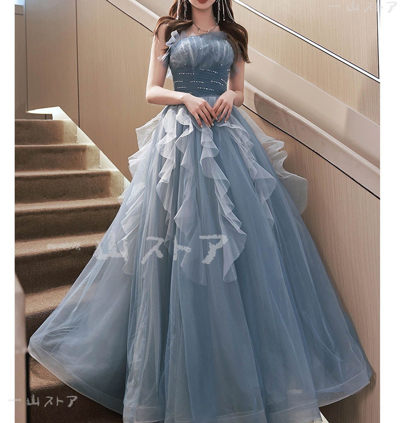 ?♥ カラードレス プリンセスライン 青 ブルー パフスリーブ 長袖上品 ロングドレス ウェディングドレス 結婚式 二次会 花嫁