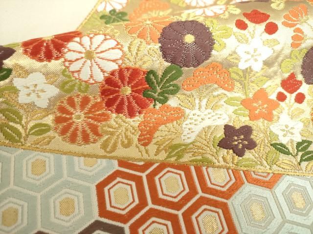 平和屋着物○西陣 河合美術織物謹製 六通柄袋帯 唐織 舞蝶秋草文 金糸