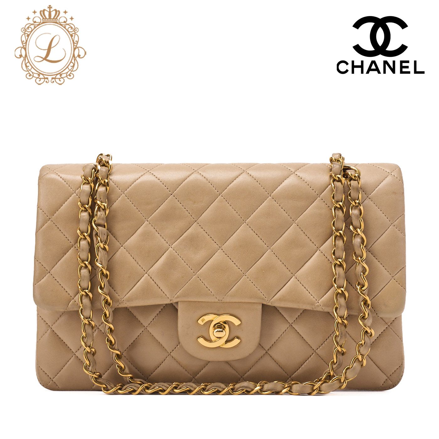 CHANEL シャネル チェーンショルダーバッグ マトラッセ 25cm ダブルフラップ ラムスキン ベージュ ゴールド金具 レディースバッグ ブランド