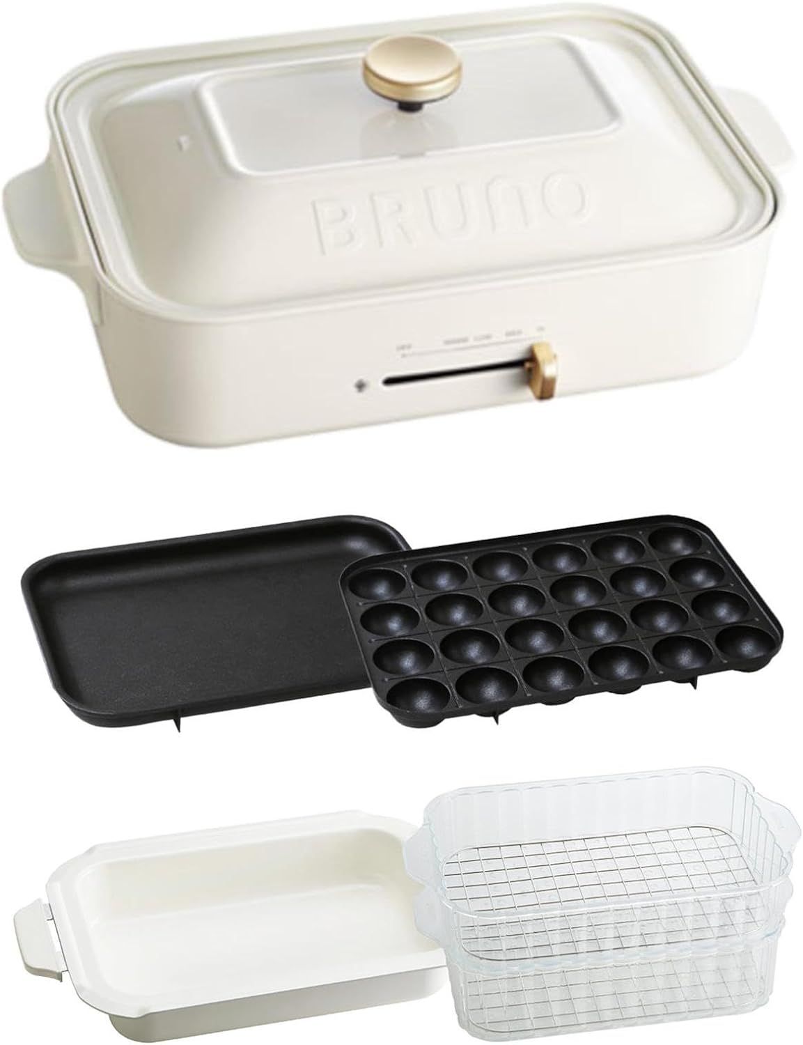 BRUNO ブルーノ コンパクトホットプレート 本体 プレート4種 たこ焼き セラミックコート鍋 平面 スチーマー ホワイト White 白 おしゃれ かわいい これ1台 蓋 ふた付き 1200w 温度調節 洗いやすい 1人 2人 3人 用 小型