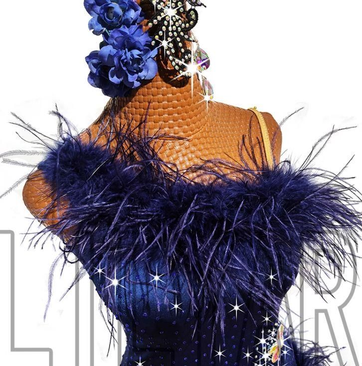 社交ダンス衣装 ラテンワンピースドレス 羽毛 豪華 ダークブルー