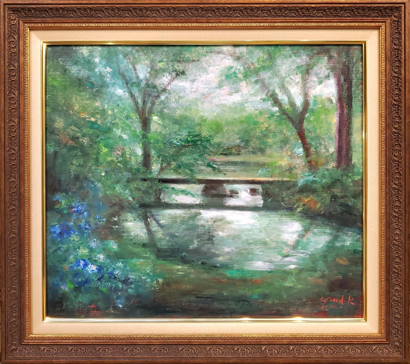 絵画 ｢新緑の渡月橋｣ F10 油彩 額付き Yumi Kohnoura 神之浦由美 風景画 水辺 油絵 作品