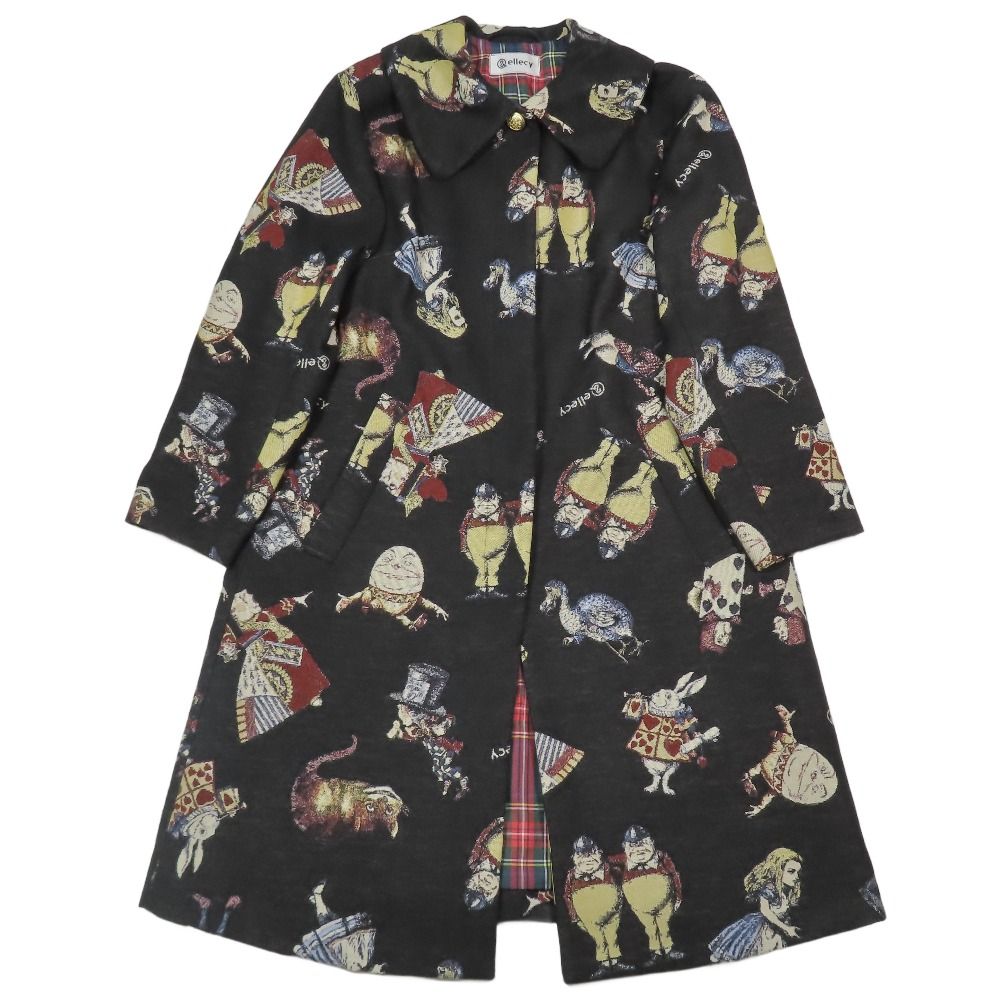 22AW -ellecy アンドエルシー Lois CRAYON アリスゴブラン ステンカラーコート ジャケット ロング 裏地チェック柄 M ブラック レディース 古着