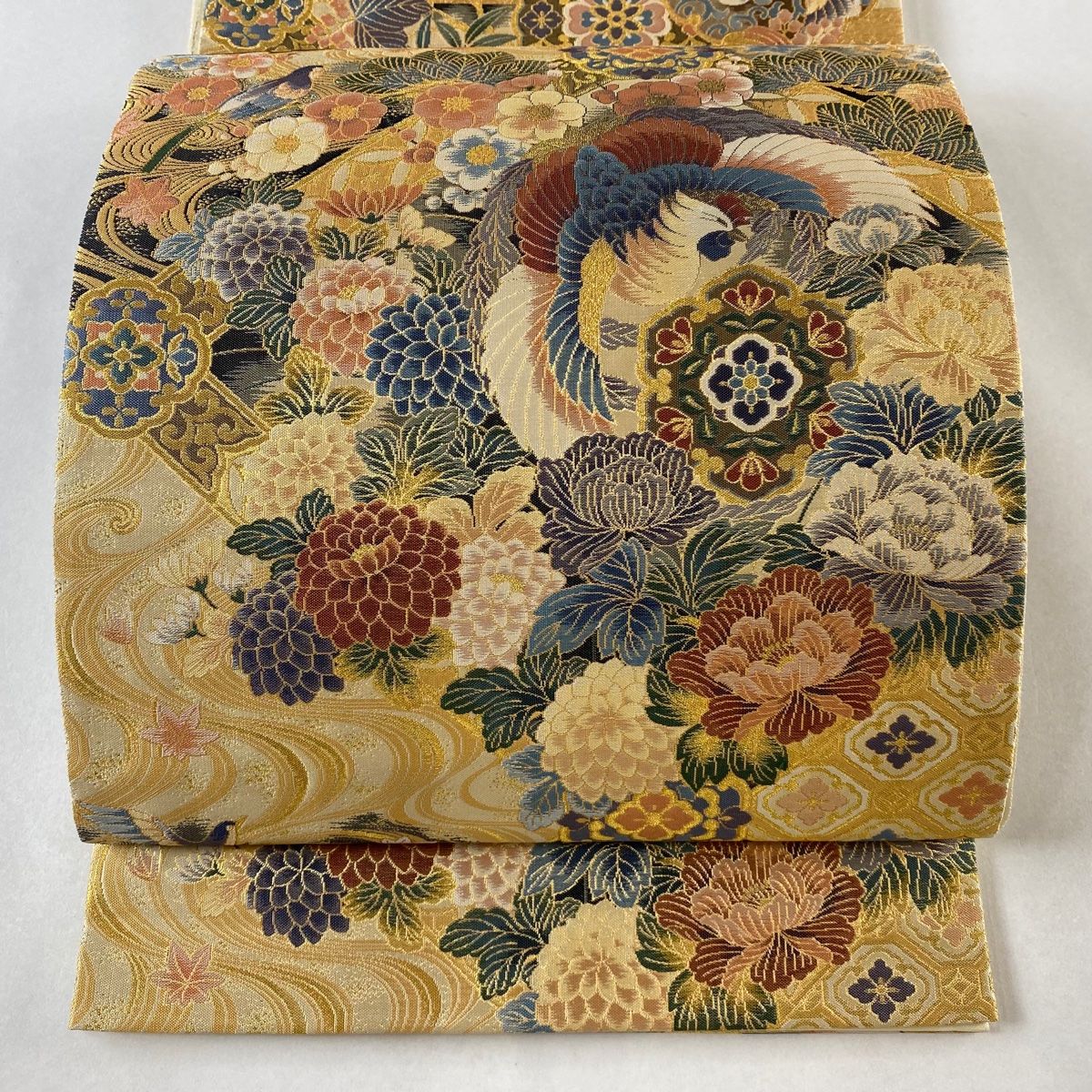 袋帯 名品 聚楽豪華絵文 花鳥 金糸 箔 金色 六通 正絹