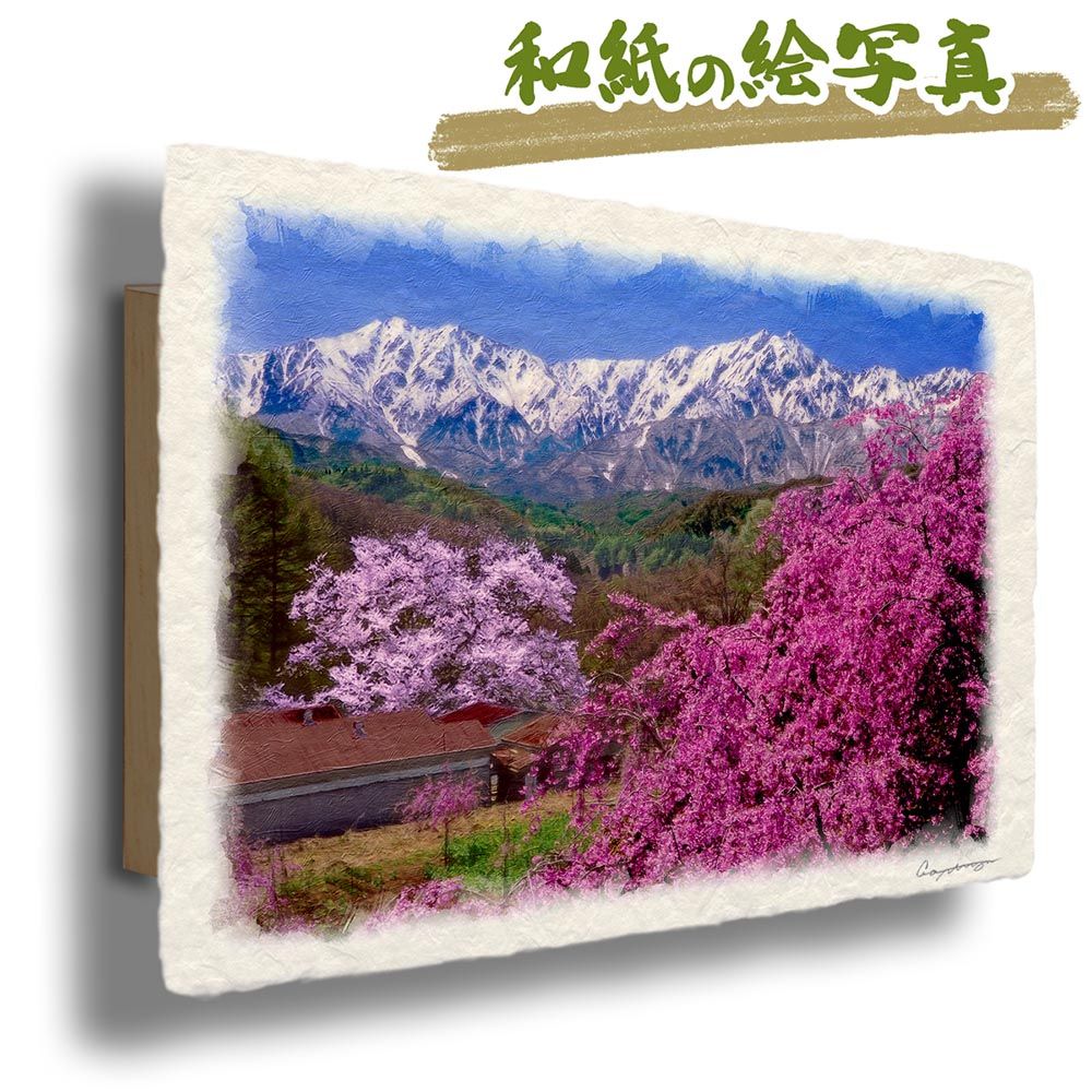 和紙の絵写真 「残雪の北アルプスと染井吉野と紅枝垂れ桜」 パネル付き 60x40cm 絵画 インテリア 玄関 風水 風景画 アート パネル ポスター おしゃれ 新築祝い 絵 壁掛け 和モダン 和風 ジャパ