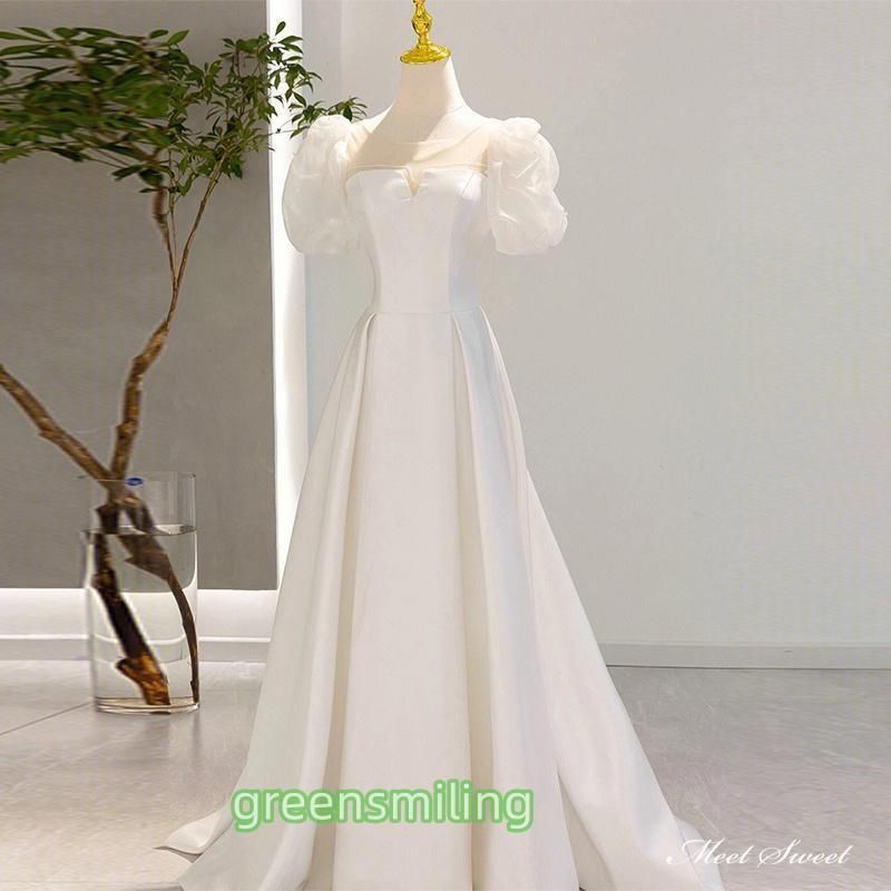 ウェディングドレス ロングドレス Aラインドレス パフスリーブ サテン 二次会 結婚式 前撮り 発表会 白 ブライダル 花 登場 ZZ520