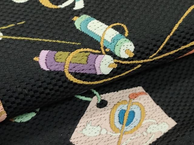 平和屋本店□極上 六通柄袋帯 唐織 市楽 りんごの想いで 黒地 逸品 未