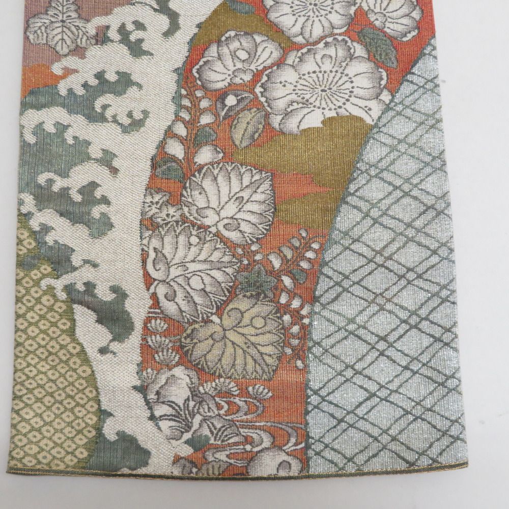 袋帯 大脇一心監修 辻が花文様 モール織 金糸銀糸 オレンジ色x灰色x