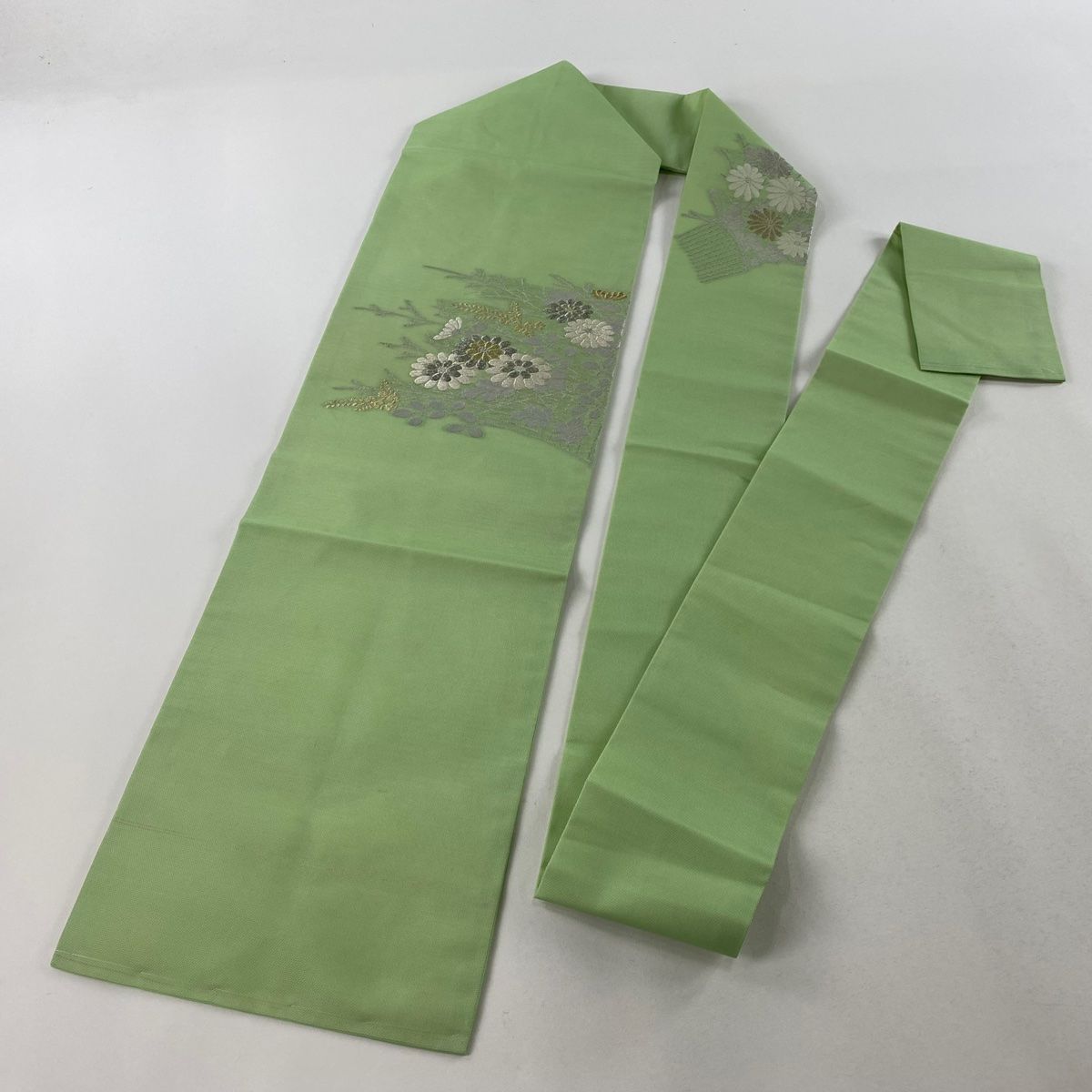 名古屋帯 秀品 夏帯 紗 関西仕立て 菊 萩 金銀糸 箔 薄緑 正絹