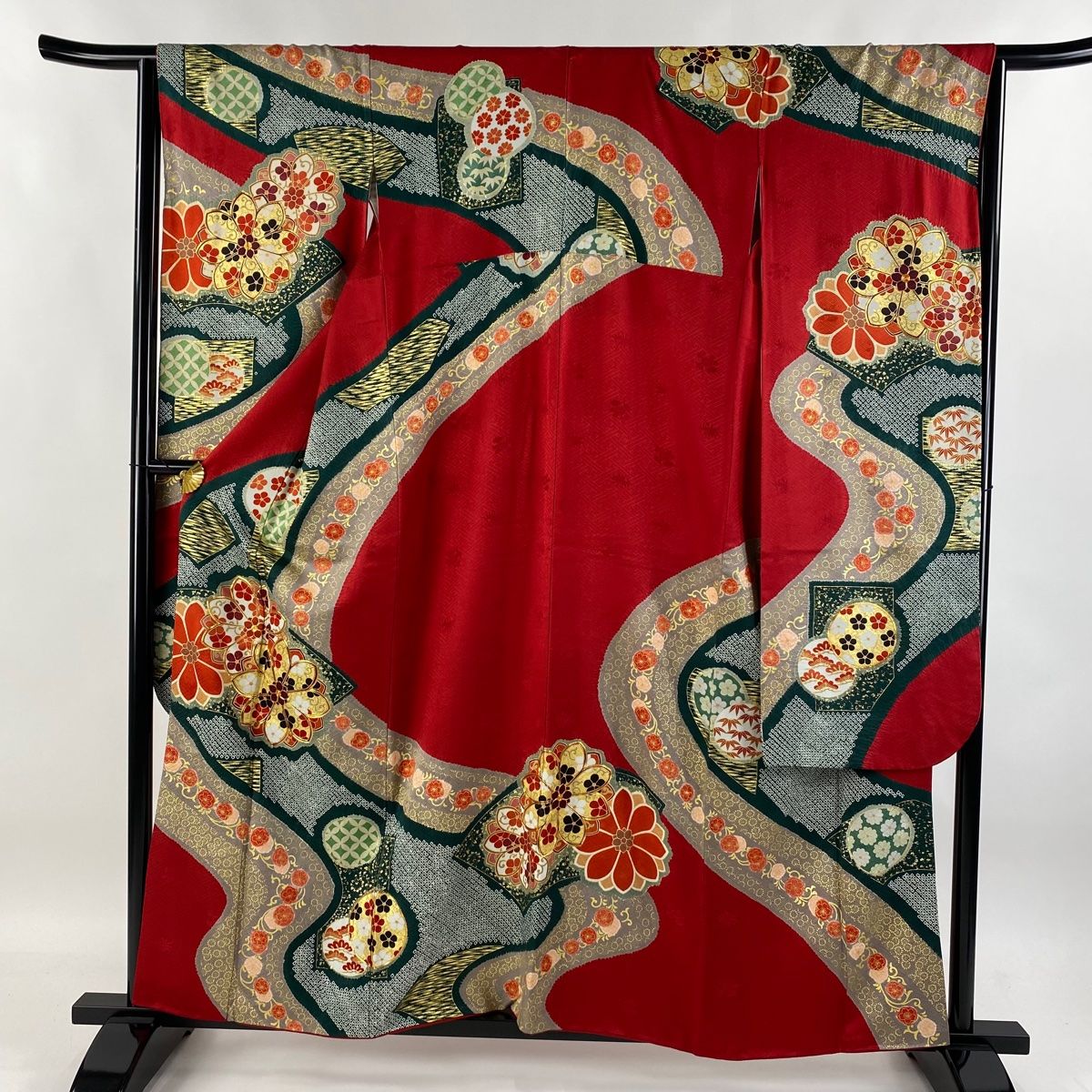 *着物反物*　紅型松竹梅と藍色草花　大人の兵児帯　半幅帯　長尺　ハンドメイド 着物反物* 紅型松竹梅と藍色草花 大人の兵児帯 半幅帯 長尺