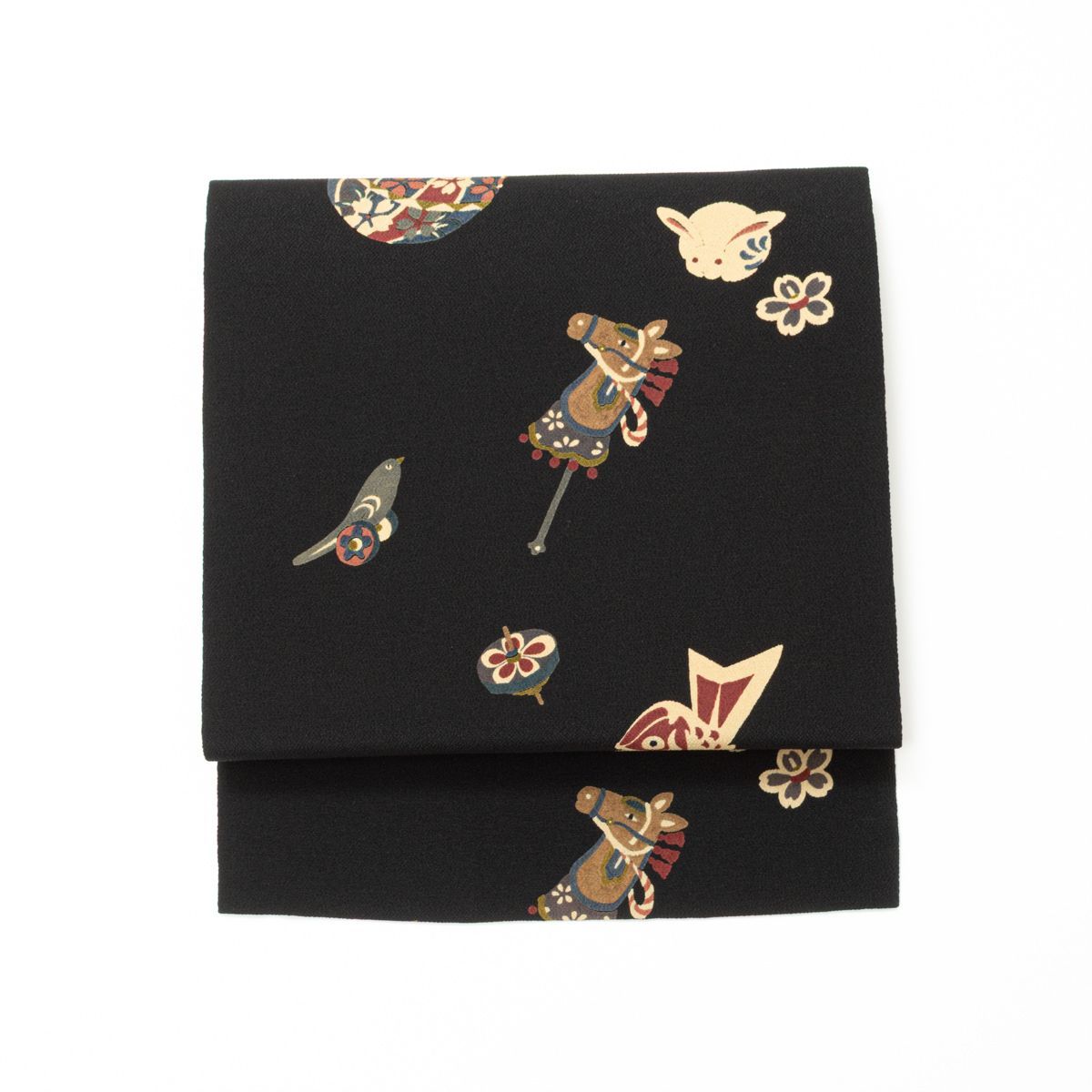 名古屋帯 縮緬 友禅 玩具の柄 黒 正絹 九寸 - メルカリ