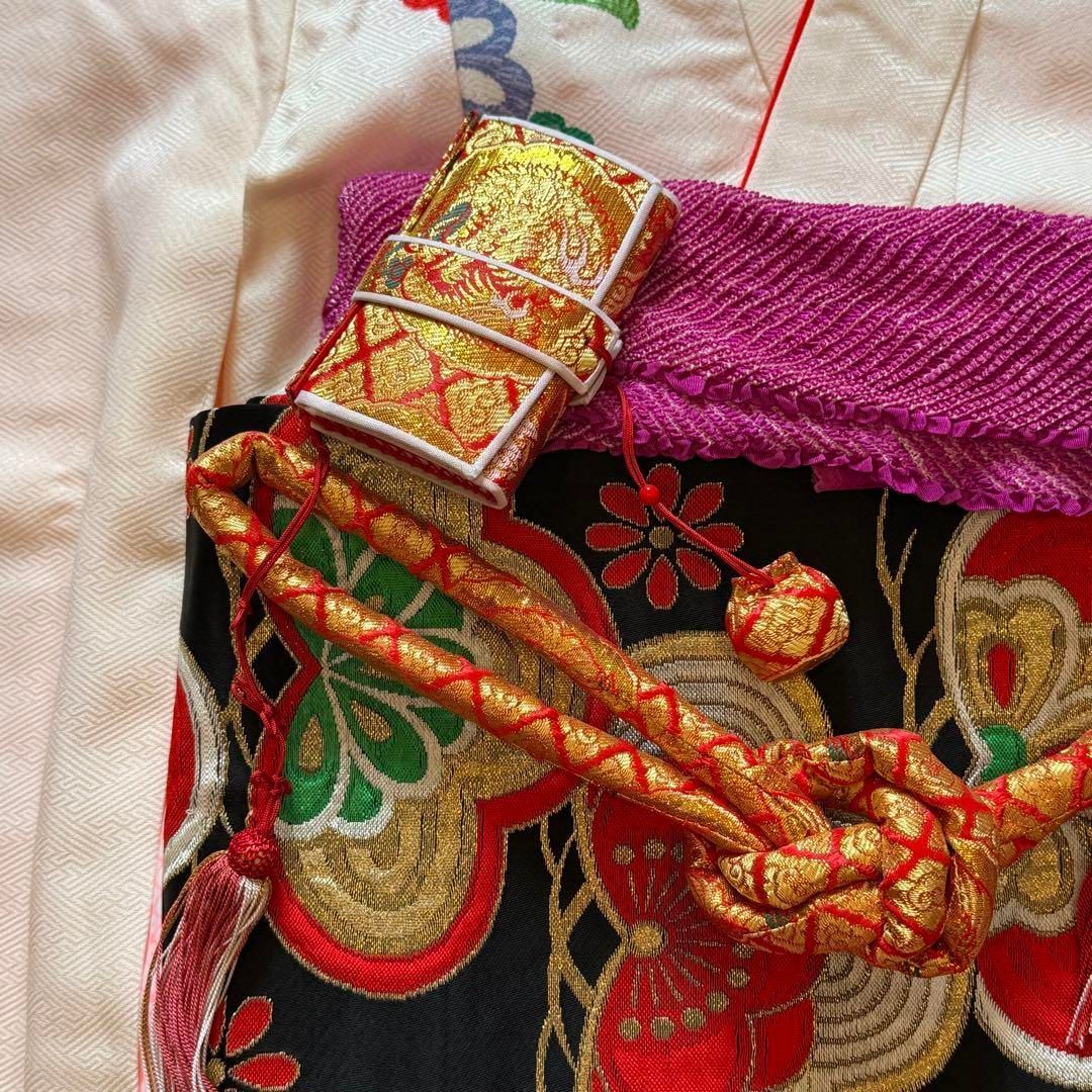 美品　七五三　7歳　フルセット　女の子　子供　絹　着物　長襦袢　帯　赤　緑　蝶 美品 七五三 7歳 フルセット 女の子 子供 絹 着物 長襦袢 帯 赤