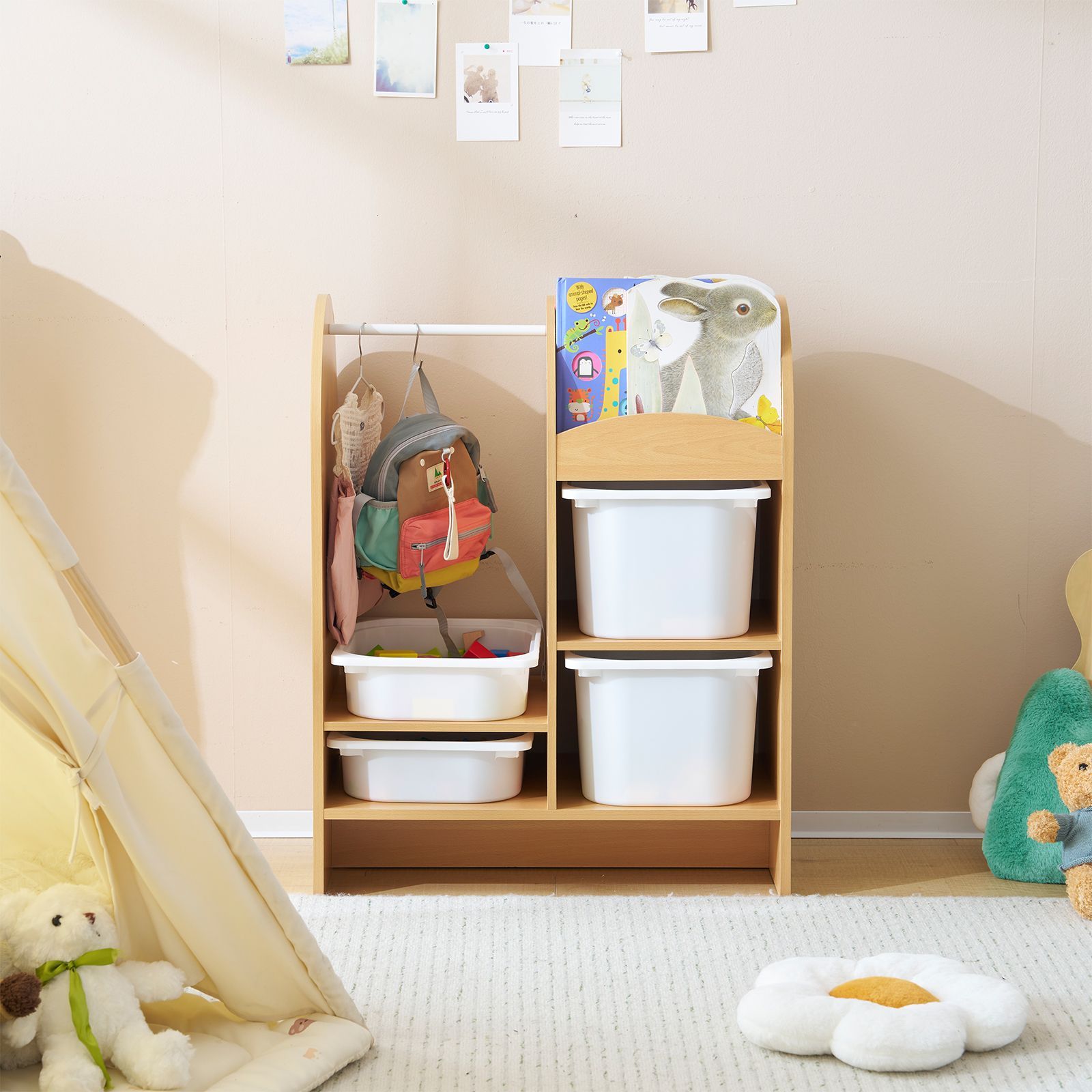 おもちゃ収納ラック ハンガーバー付き 子ども用家具 幅64.6×奥行40×高さ85.3cm 木製 収納ケース ワイドタイプ 組立カンタン コンパクト 大容量 絵本棚 絵本ラック こども おしゃれ 入学 入園 新生活 出産祝い プレゼント